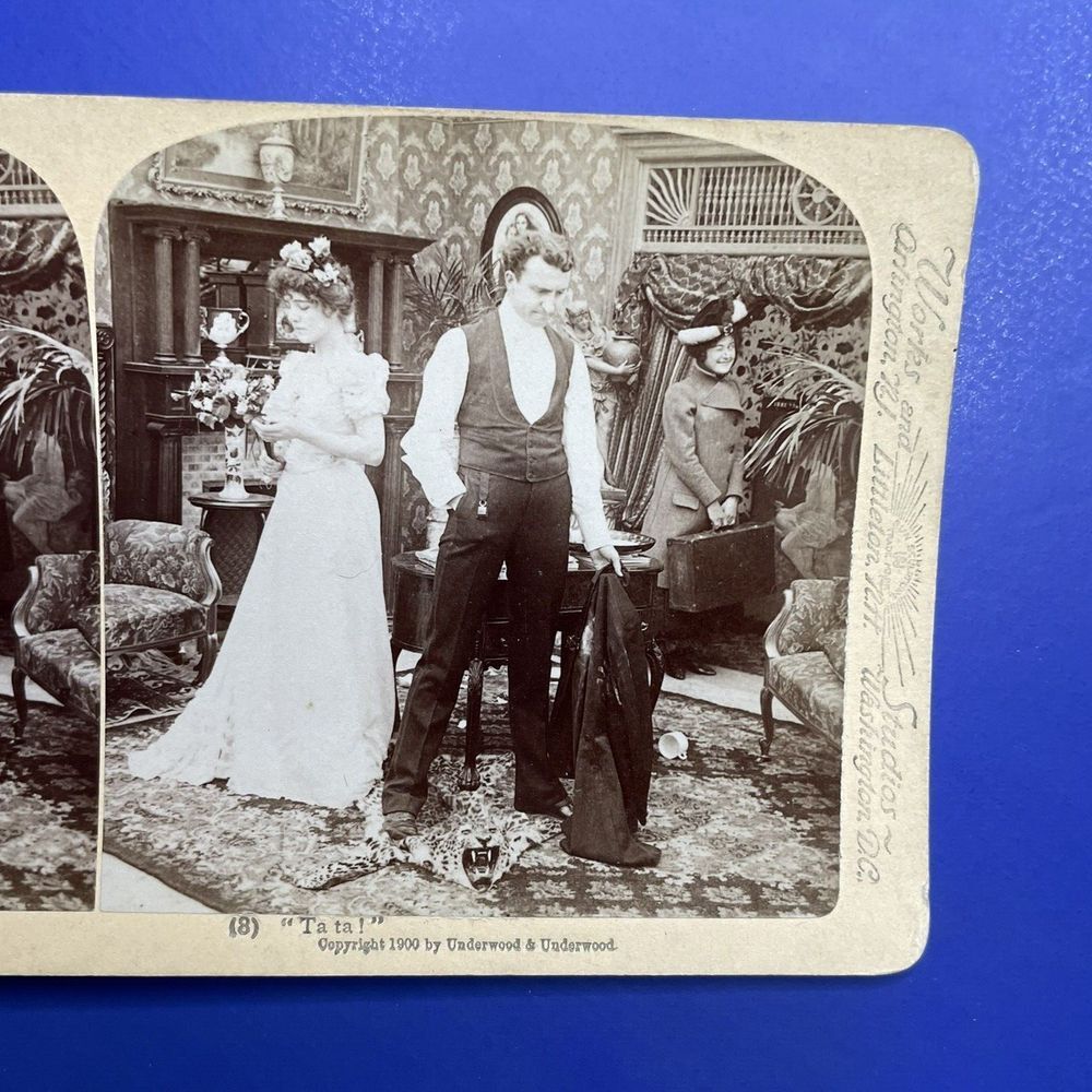 Antique Stereoview Card Underwood & Underwood Ta Da Man‎ on leopard Rug